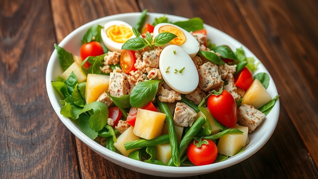 Classic Tuna Nicoise Salad Recipe A colorful serving of Tuna Nicoise Salad with greens, tuna, potatoes, tomatoes, and eggs on a wooden table.